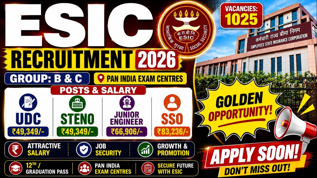 🚨 ESIC Recruitment 2026 | UDC, Stenographer, Junior Engineer & SSO | For Freshers😱 Vacancies: 1025