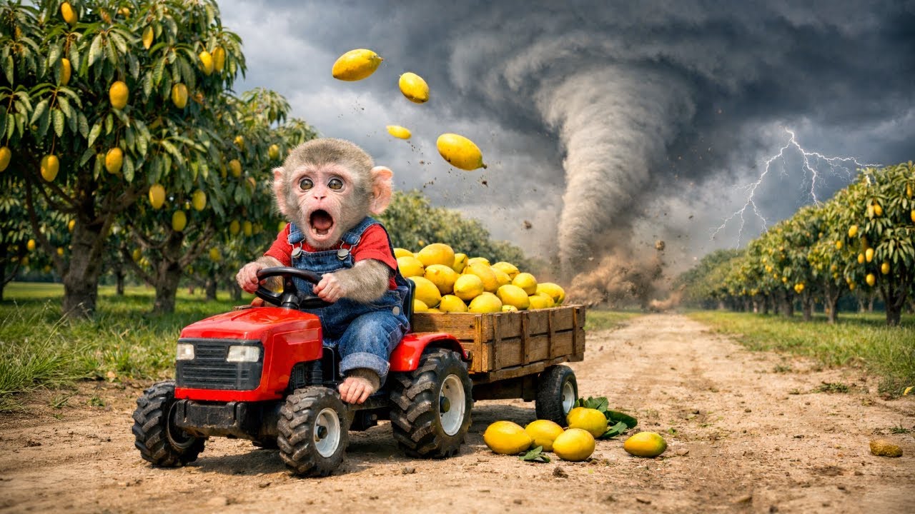 Monkey Farm Monkey Drives a Tractor to Harvest Mangoes in a Terrible Storm! | Monkey farm Work