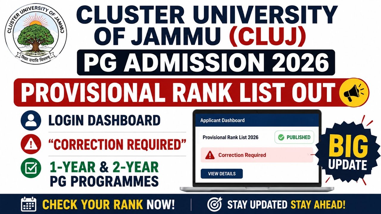 Cluster University of Jammu PG Admission 2026 | Provisional Rank List OUT | 1-Year / 2-Year PG