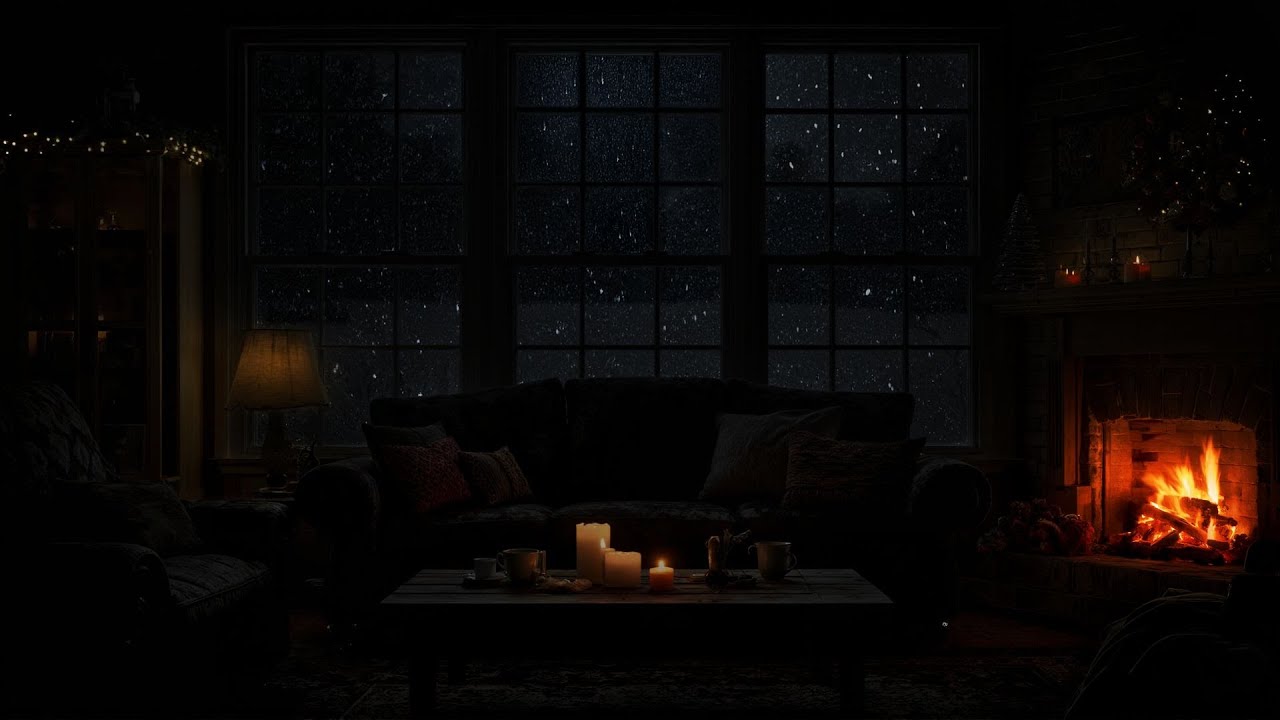 🔥 Crackling Fireplace & Soft Snowfall |❄️ Dark Cozy Room Luxury Night for Deep Sleep & Relaxation