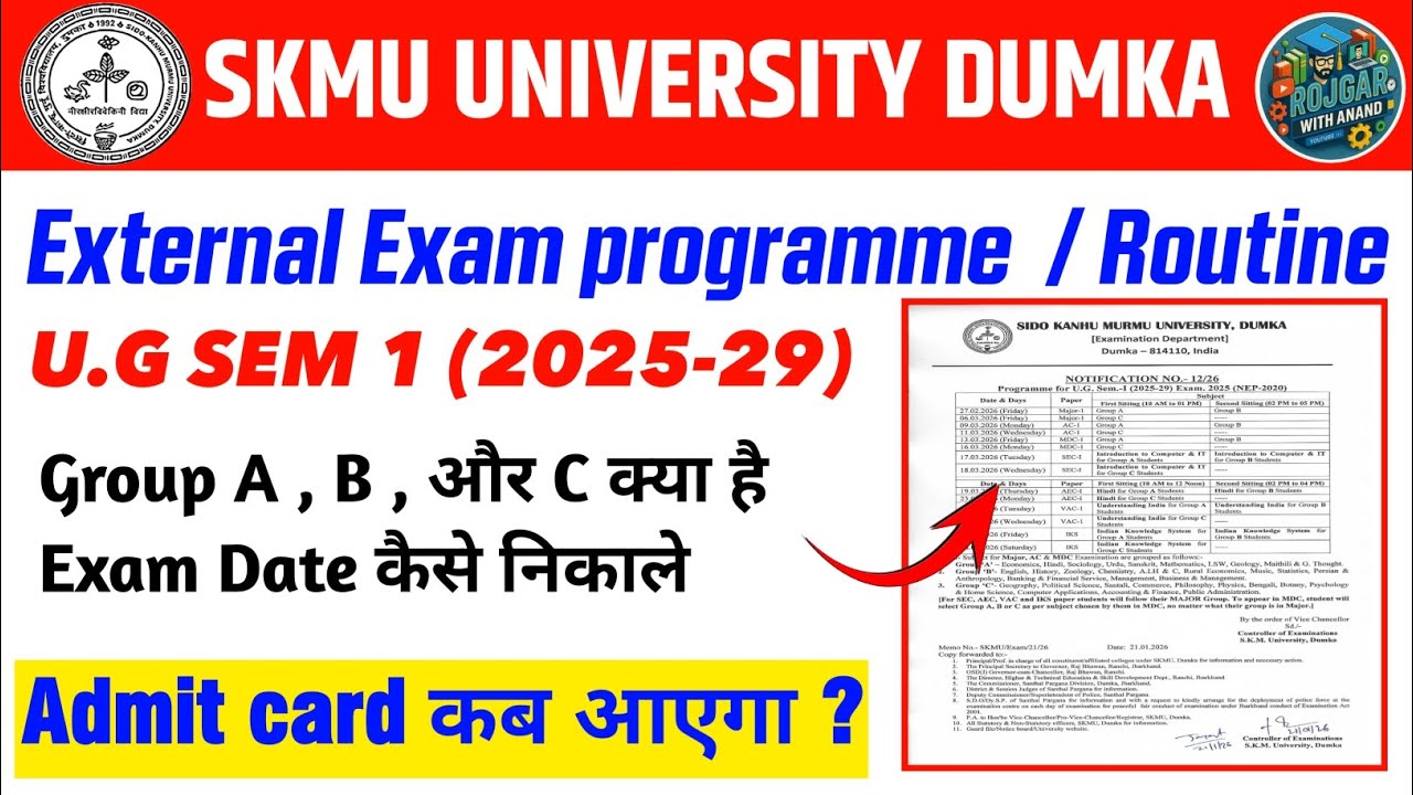 SKMU University Dumka UG Sem 1 External Exam Date 2026 | Group A B C Explained