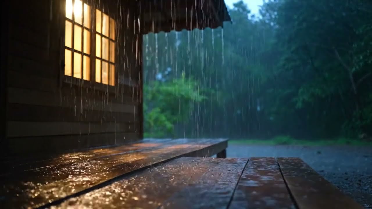 Rainy Night in a Cozy Cabin 🌲 Fireplace Sounds & Heavy Rain for Relaxation