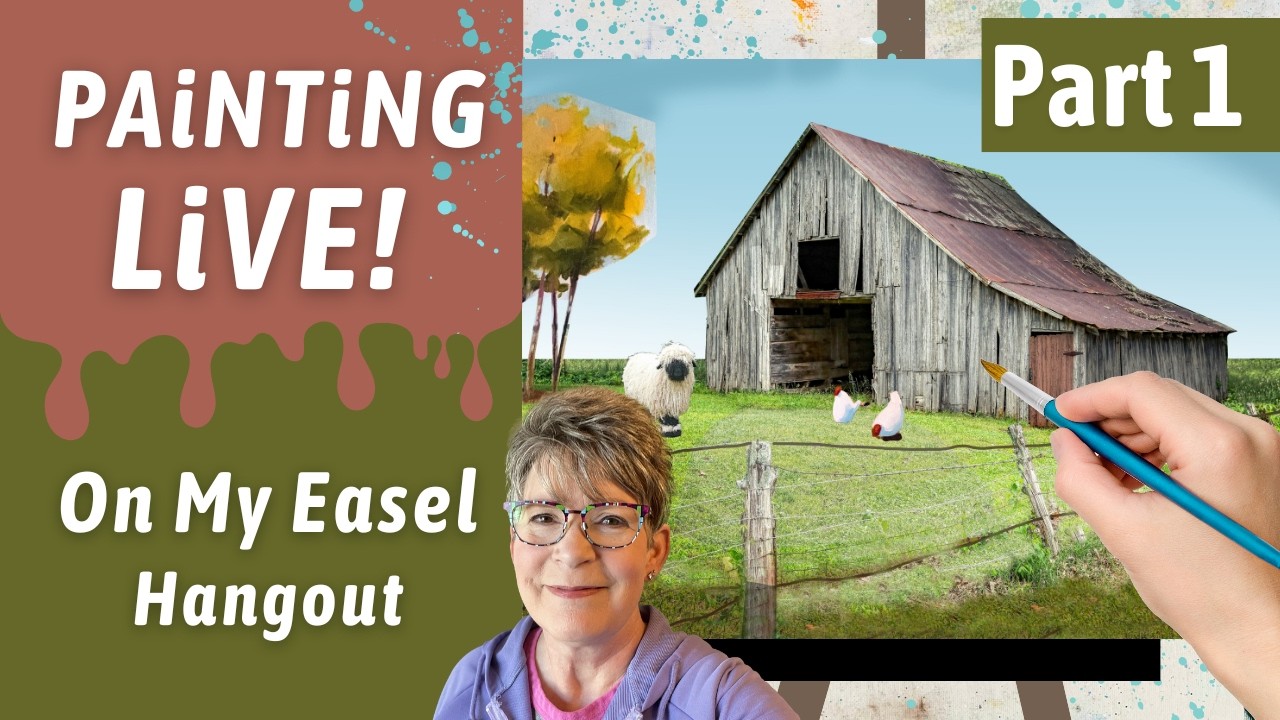 Easy Barnyard acrylic panting, simplify photo, under painting, Primaries, in studio with Annie Troe