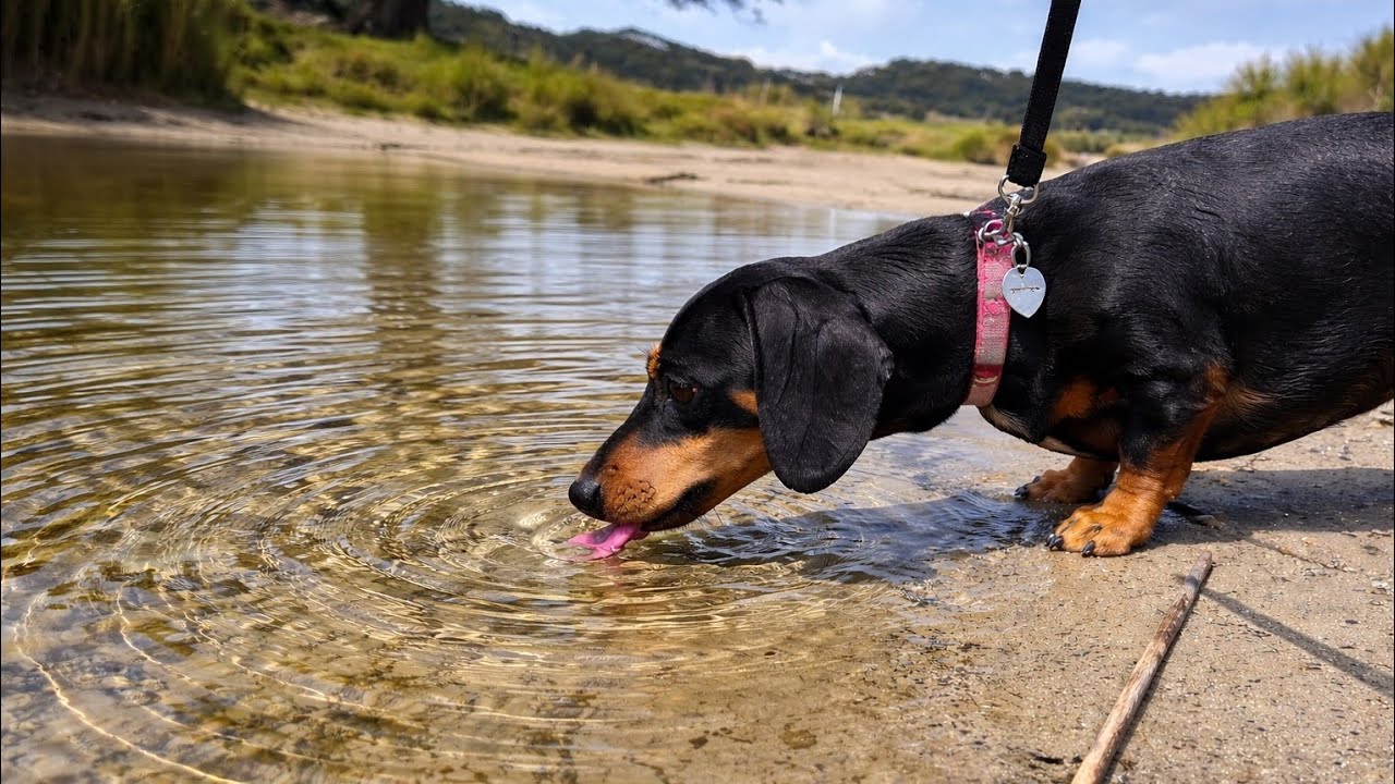 Mini Dachshund Goes on a Lake Walk
