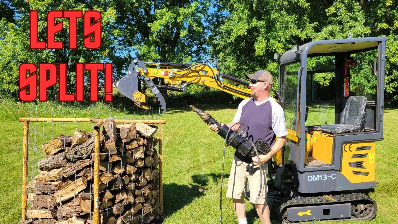 Splitting wood w/ Chinese mini excavator.  Testing Miva  hydraulic cone style log splitter.