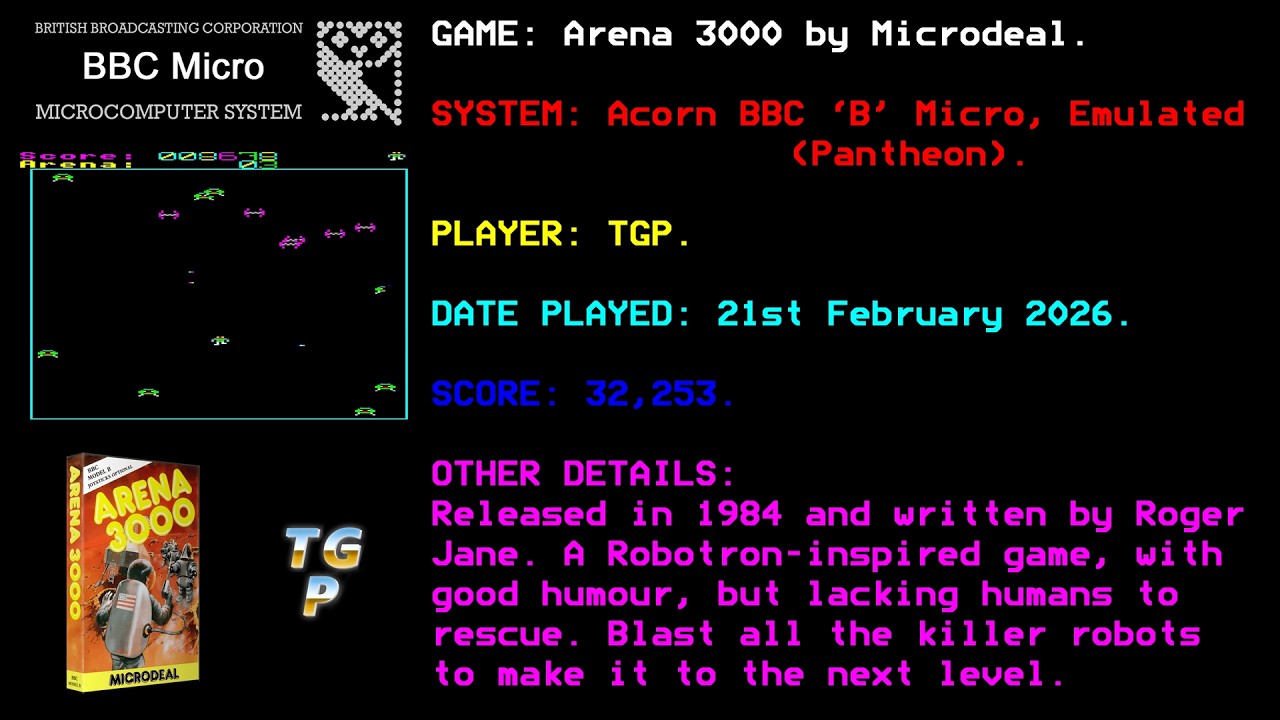Arena 3000 - Microdeal - BBC Micro - Emulated, Pantheon - 32,253 points.