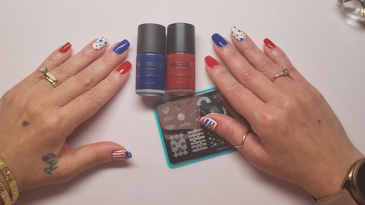 MANIOLOGY Stamping Plate + Polishes | 4th of July Nail Stamping Art ❤️🤍💙 Base-colors: ELLA + MILA 💅🏼