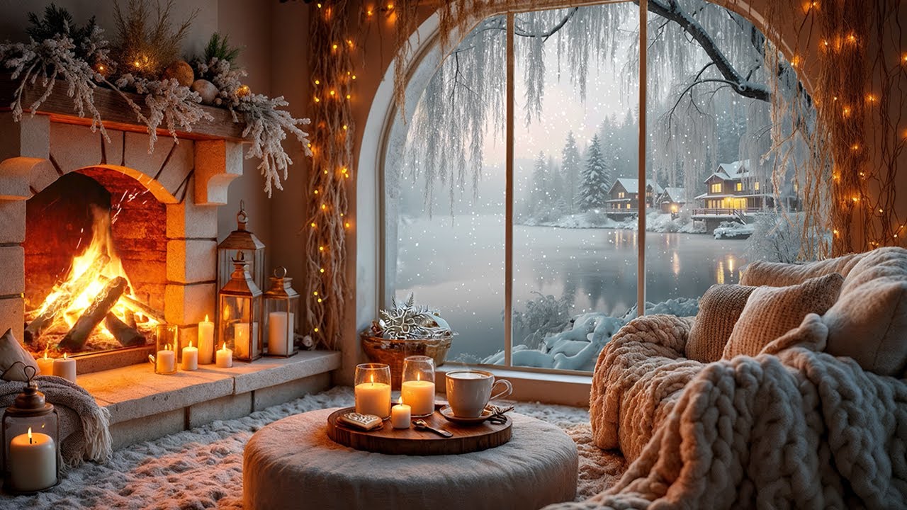 Cozy Cabin in the Winter Village ❄️ Fire Crackling, Snow Falling & Quiet Hot Tea Moments
