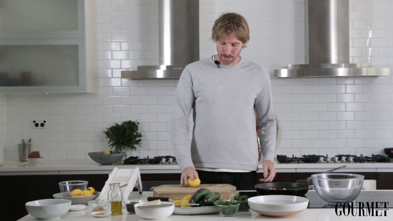 Darren Robertson's shaved zucchini, macadamia and ham salad | Gourmet Traveller