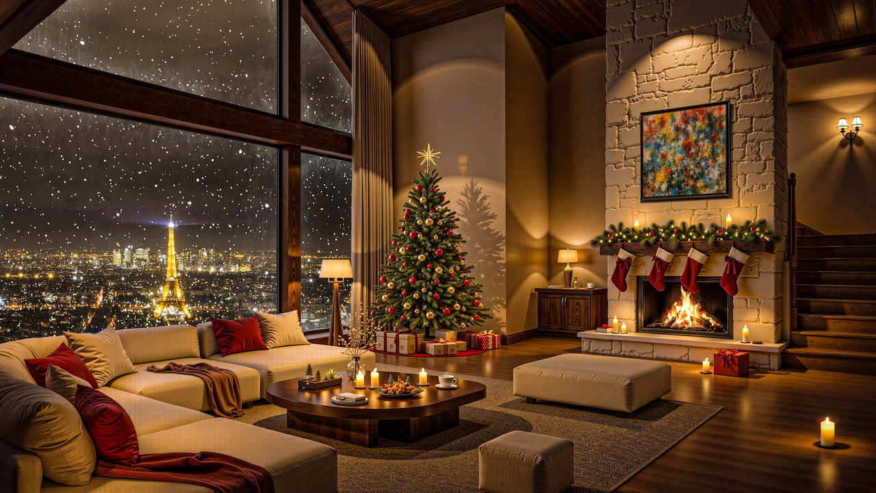 🎶 Winter Jazz Ambience 🔥❄️ Fireplace Apartment with Snowy Paris City View at Night