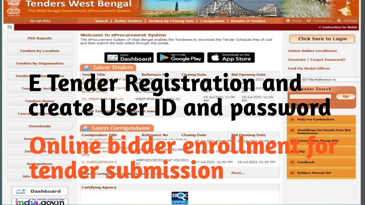 E tender registration process, online bidder enrolment , How to create UserID & password for tender