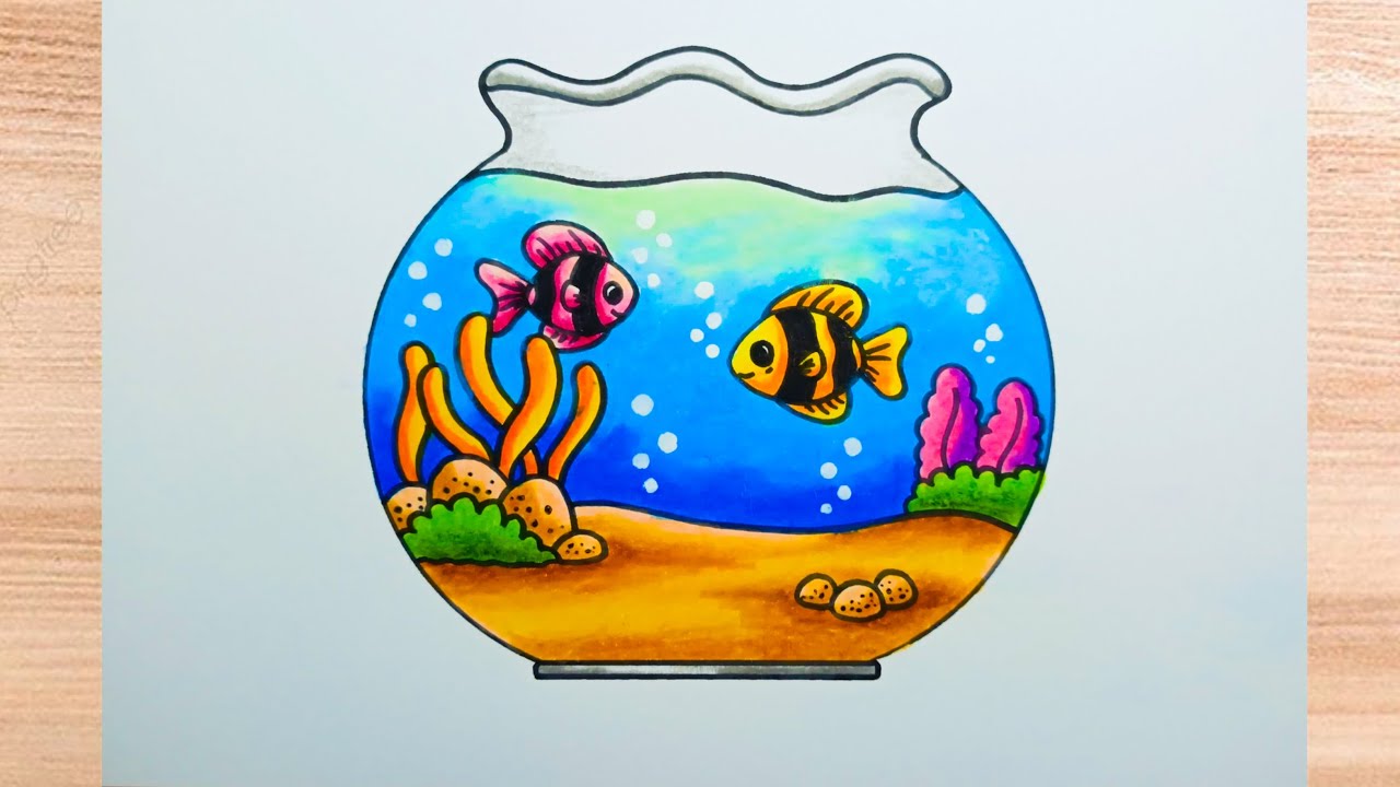 How to Draw an Aquarium with Beautiful, Colorful Fish - Easy | Fish Drawing for Beginners