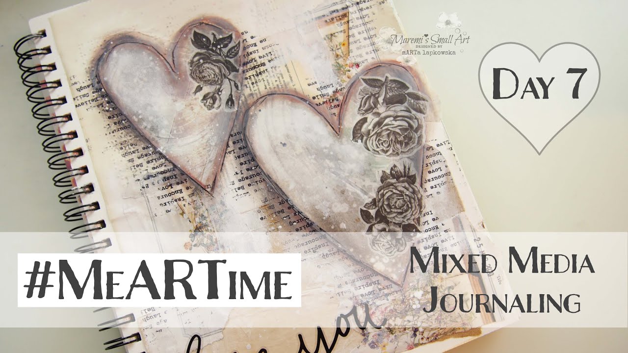 Mixed Media Art Journal Page with Hearts Day #7♡ Maremi's Small Art ♡