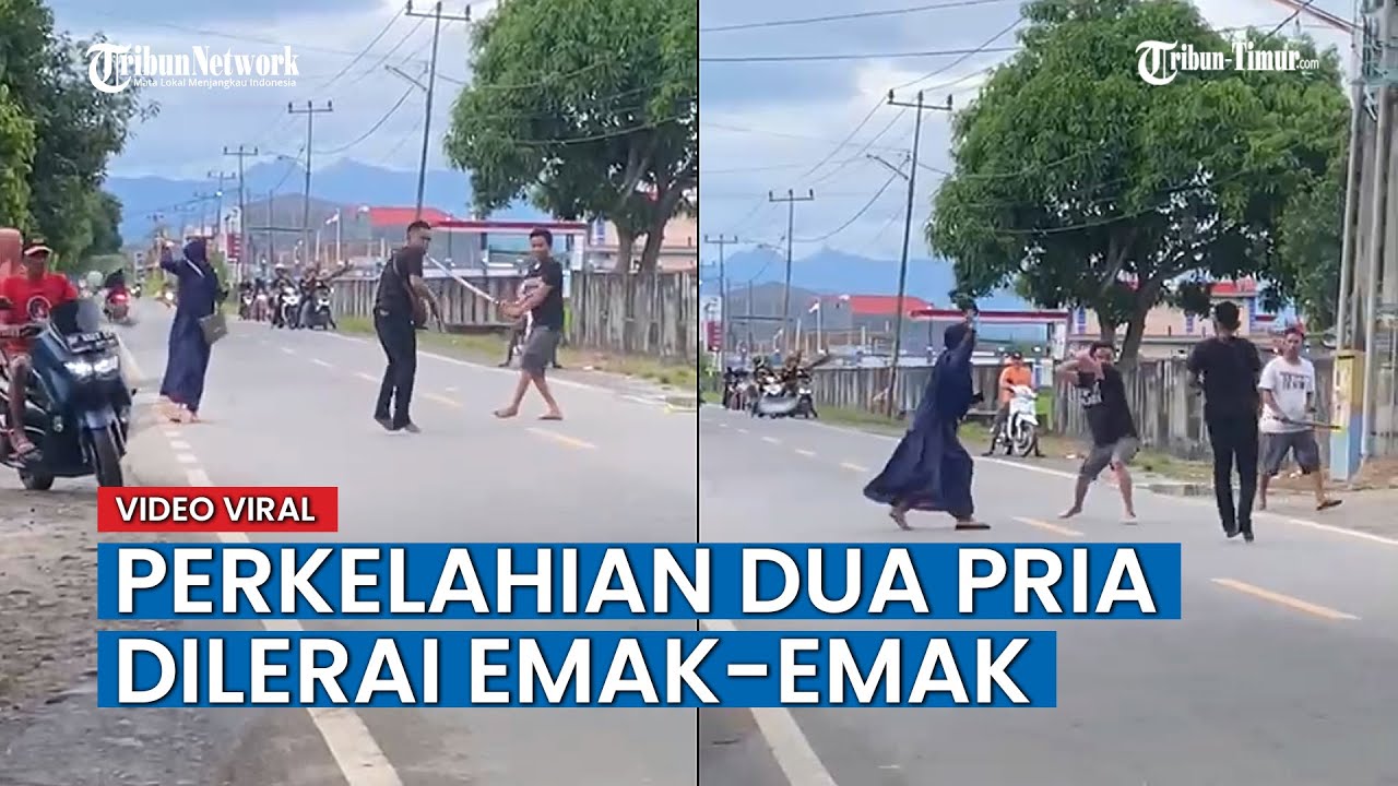 VIDEO Detik-detik Perkelahian Dua Pria Pakai Senjata Tajam Dilerai Emak-emak