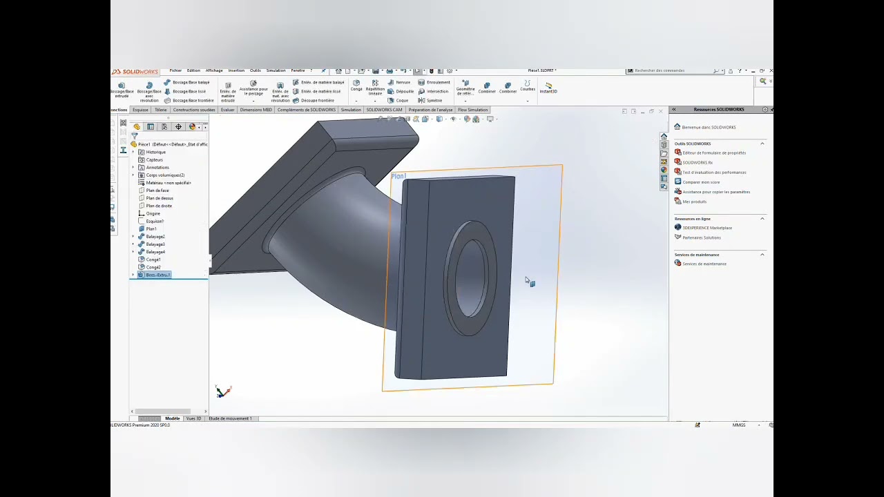 SolidWorks – Bossage/Base Balayé (Swept Boss) | Exercice complet + modification du solide