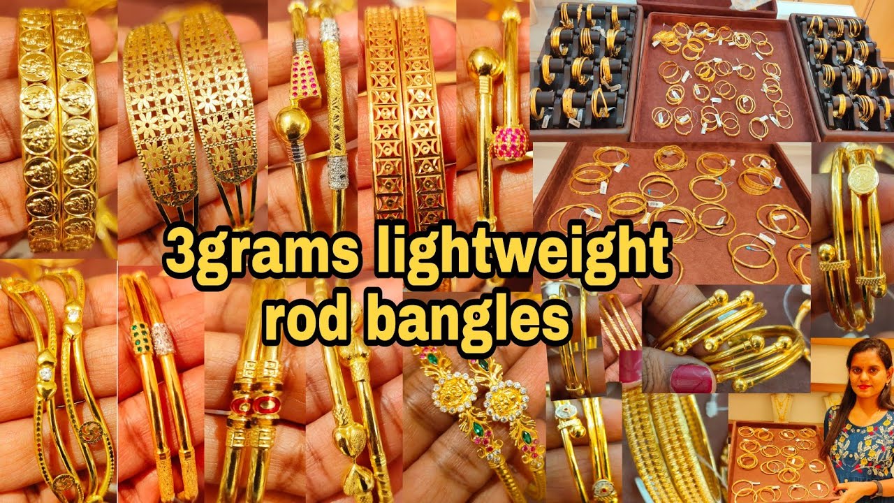 3grams lightweight rod bangles/916 hallmark gold rod bangles/daily wear fancy & plain models