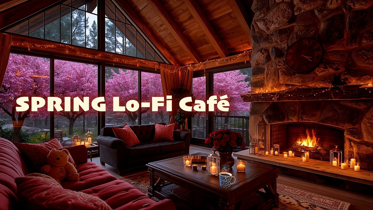 Rustic Living Room Fireplace | Blooming Cherry Trees and Crackling Flames for Rest