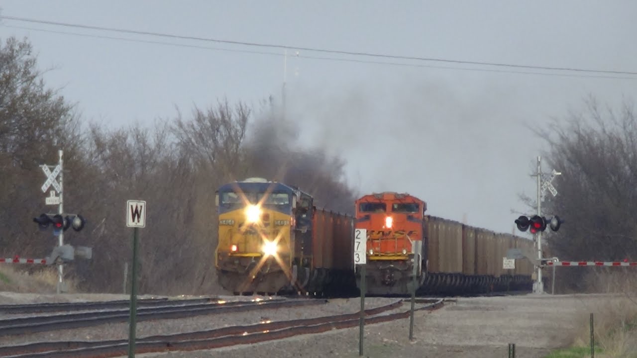 BNSF Coal Train with Ex-BN MAC Meets CSX Coal Train