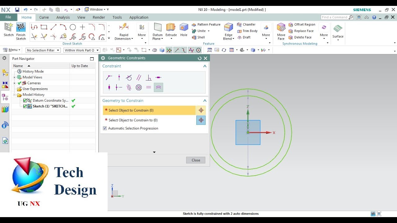 Unigraphics NX- Sketch Tutorial 2- Geometric Constraints & Reattach.