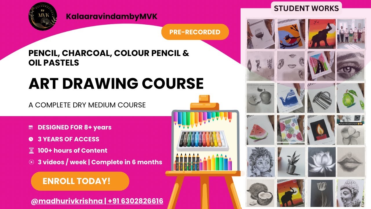 🎨 ART DRAWING COURSE | PENCILS, CHARCOAL, COLOUR PENCILS,PASTELS | 8+Years | PRE-RECORDED | 28JUN’25