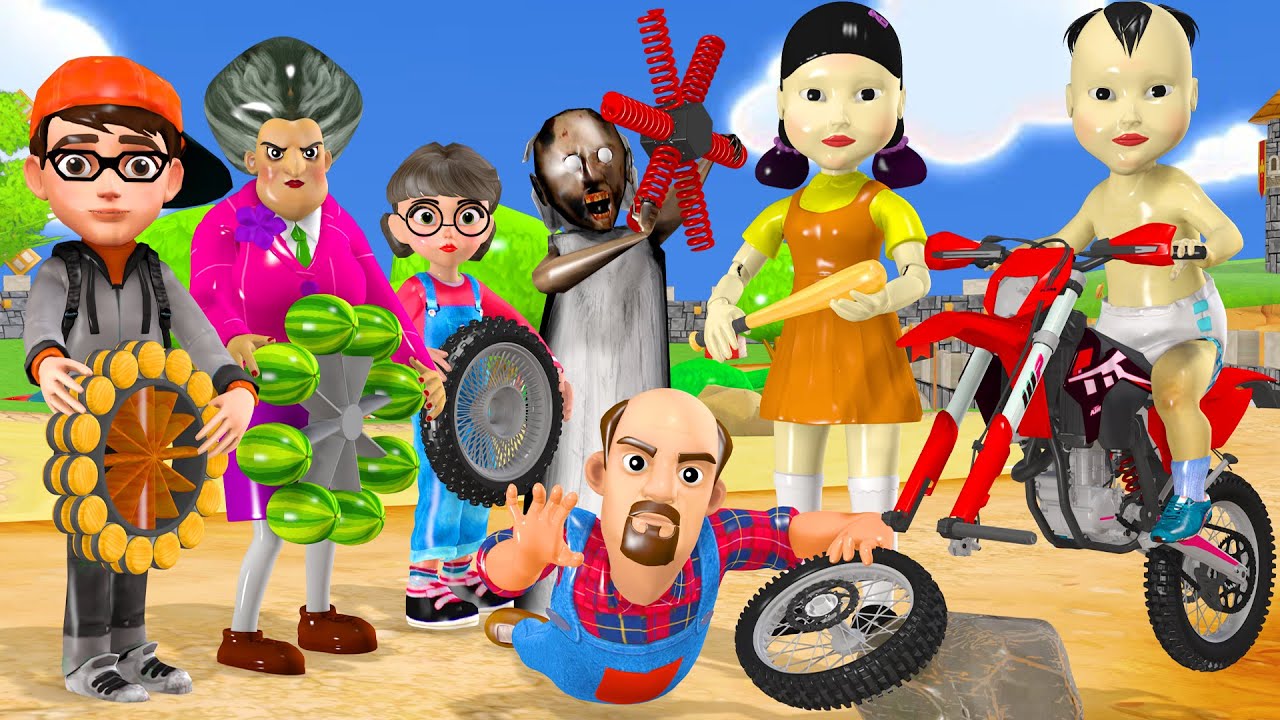 Scary Teacher 3D vs Squid Game: バイク移動のためのランダムホイール選択と5回のチャレンジ