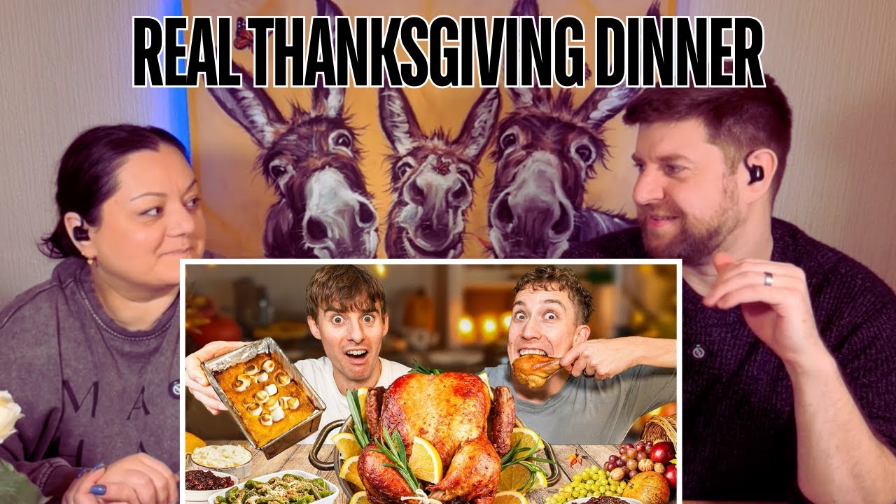Two Brits try Real Thanksgiving Dinner! | REACTION