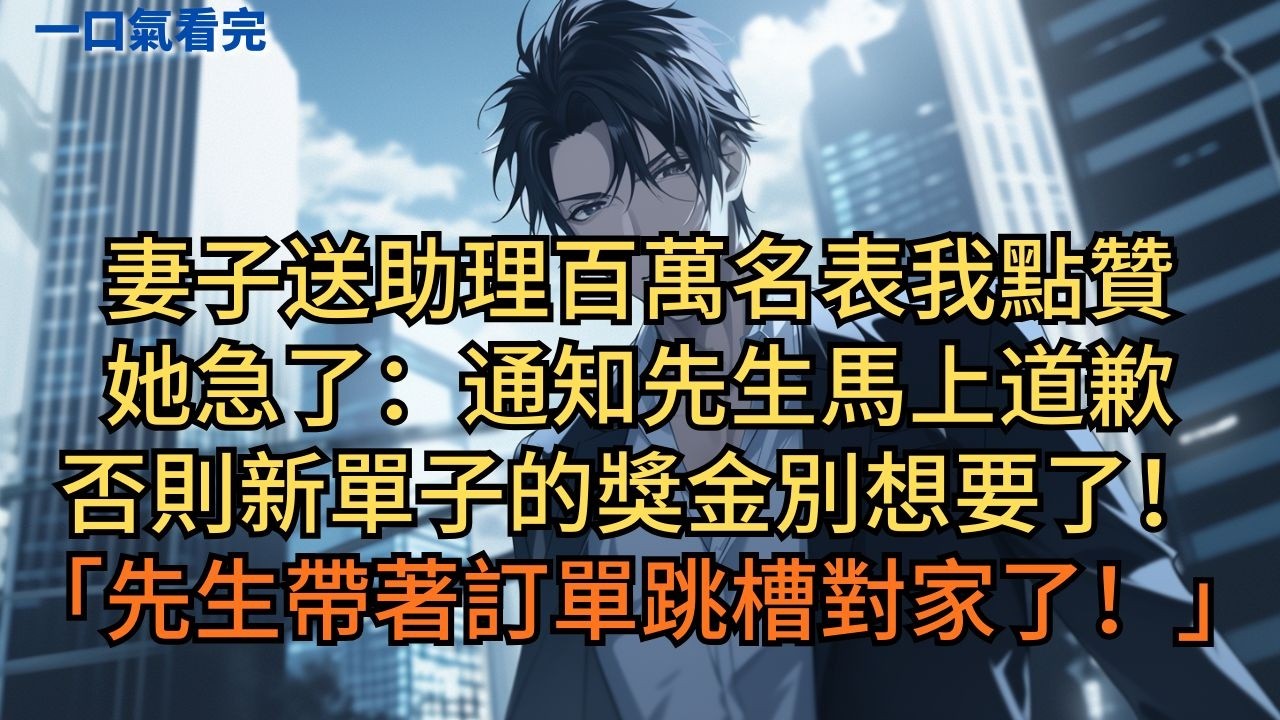 妻子送助理百萬名表我點贊。她急了：「通知先生馬上道歉，否則新單子的獎金別想要了！」「先生帶著訂單跳槽對家了！」 #小说 #爽文