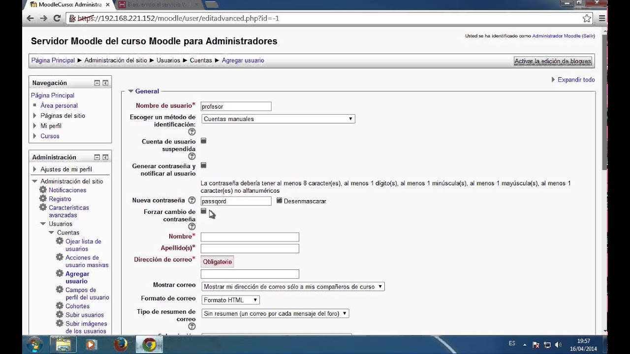 Moodle para Administradores. Video18: Creación manual de Usuario