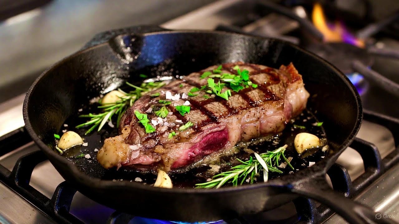 Cooking Country Style Breakfast with Steak at Cast Iron Skillet #food #homemade #eating #foodie