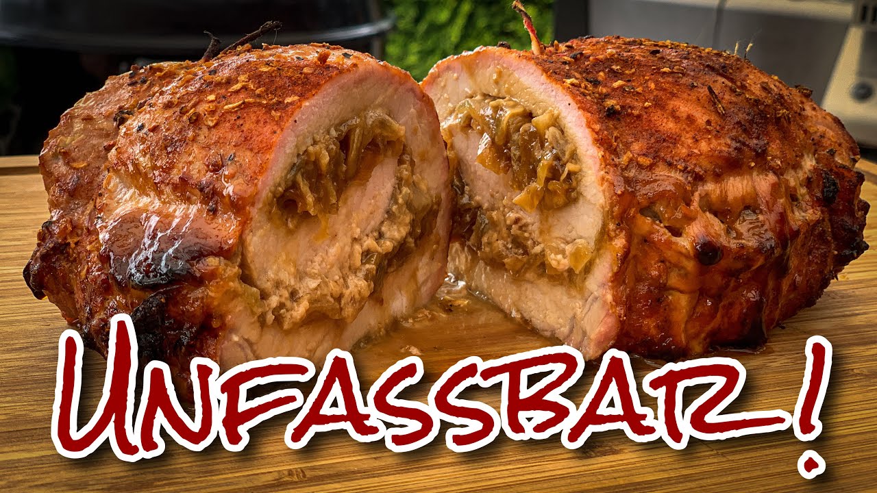 Gefüllter Schweinerücken mit karamellisierte Gorgonzola Zwiebeln von der Kugel #BBQ #Schweinerücken