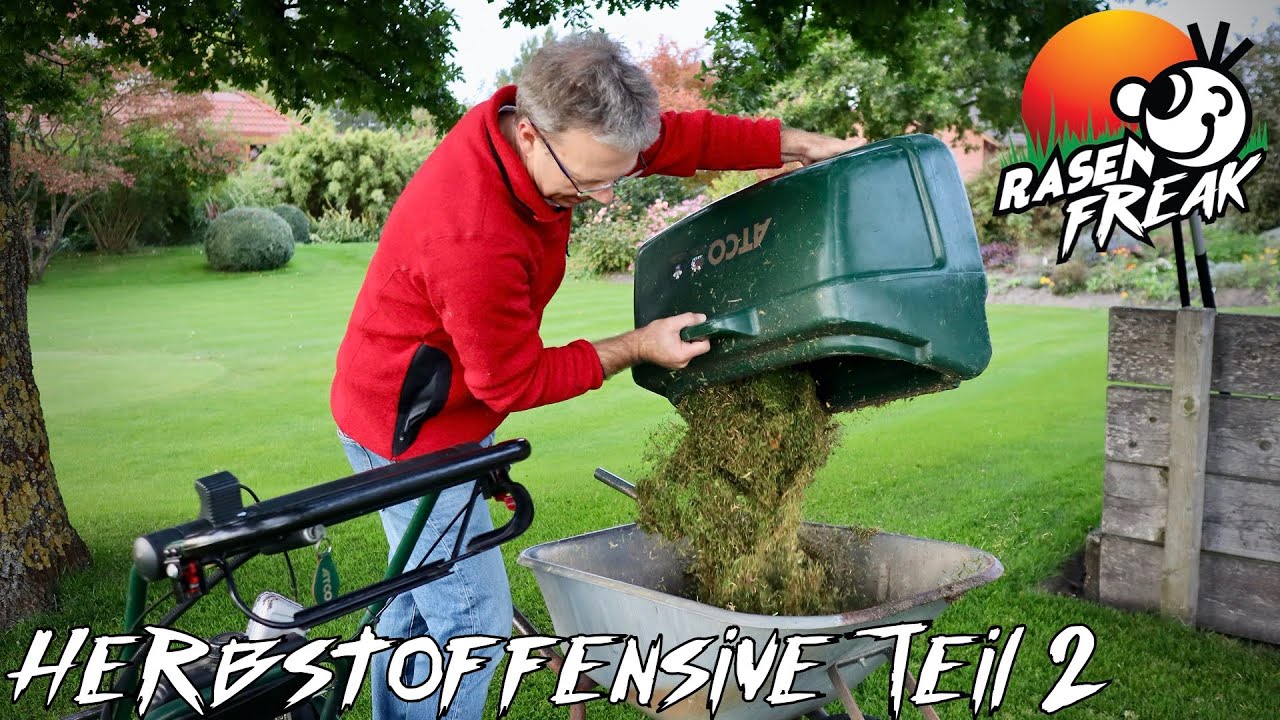 RASENPFLEGE im HERBST (Teil 2) - der RASENFREAK lüftet seine Rasenfläche, sät und mäht