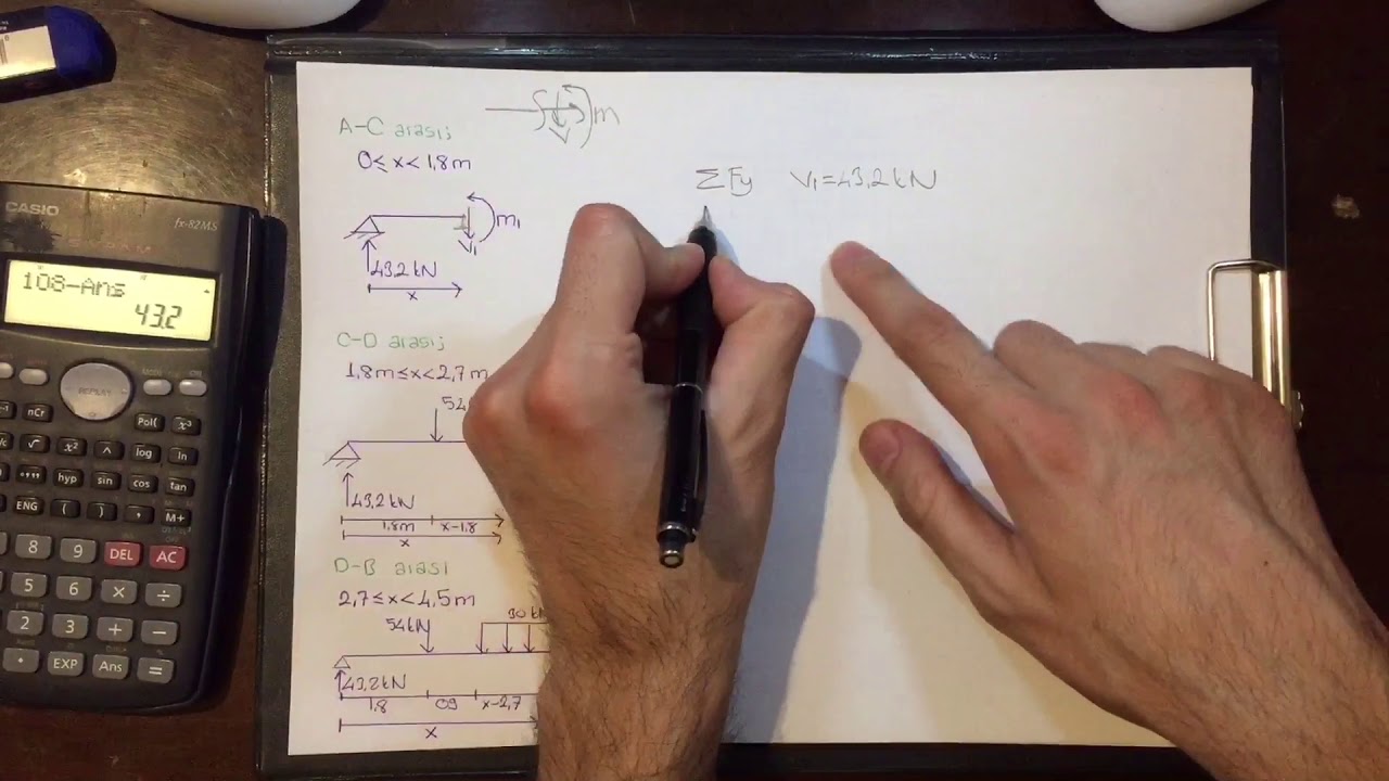 Statik - Kirişler (V(T), M diyagramları) Örnek 1