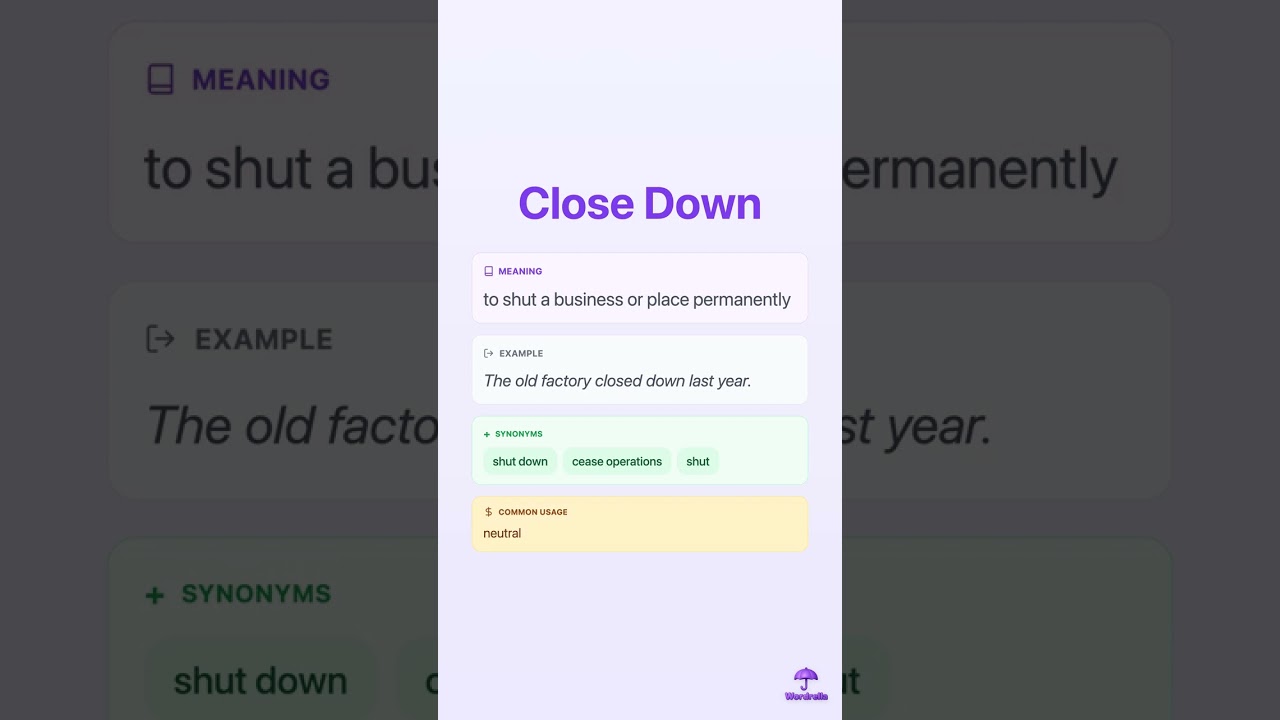 CLOSE DOWN - Phrasal Verb Explained | Meaning, Examples & Synonyms | Wordrella