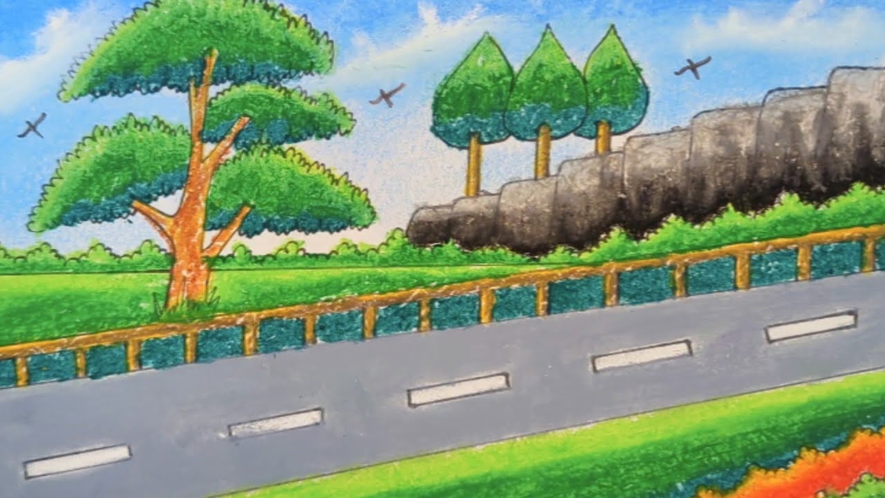 How to Draw Beautiful Village Road Scenery Drawing with Oil Pastels | Easy Nature Landscape Drawing