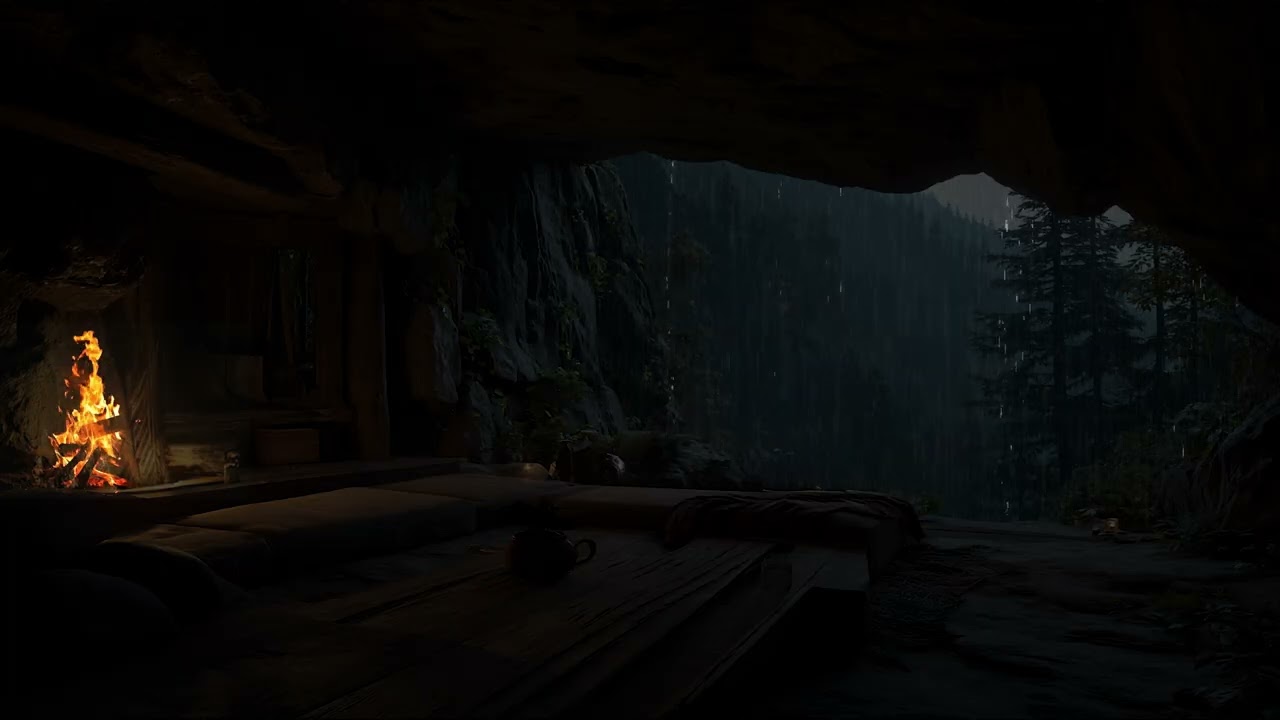 Relaxing Night Forest | Warm Cave Fire, Quiet Outdoor Nature Sounds