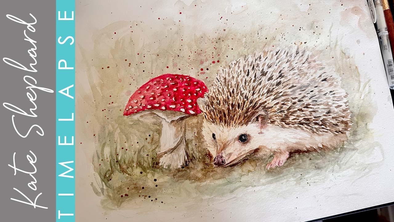 Hedgehog and Mushroom Watercolor Timelapse, Watercolour Hedgehog Painting Time Lapse, Woodland Art