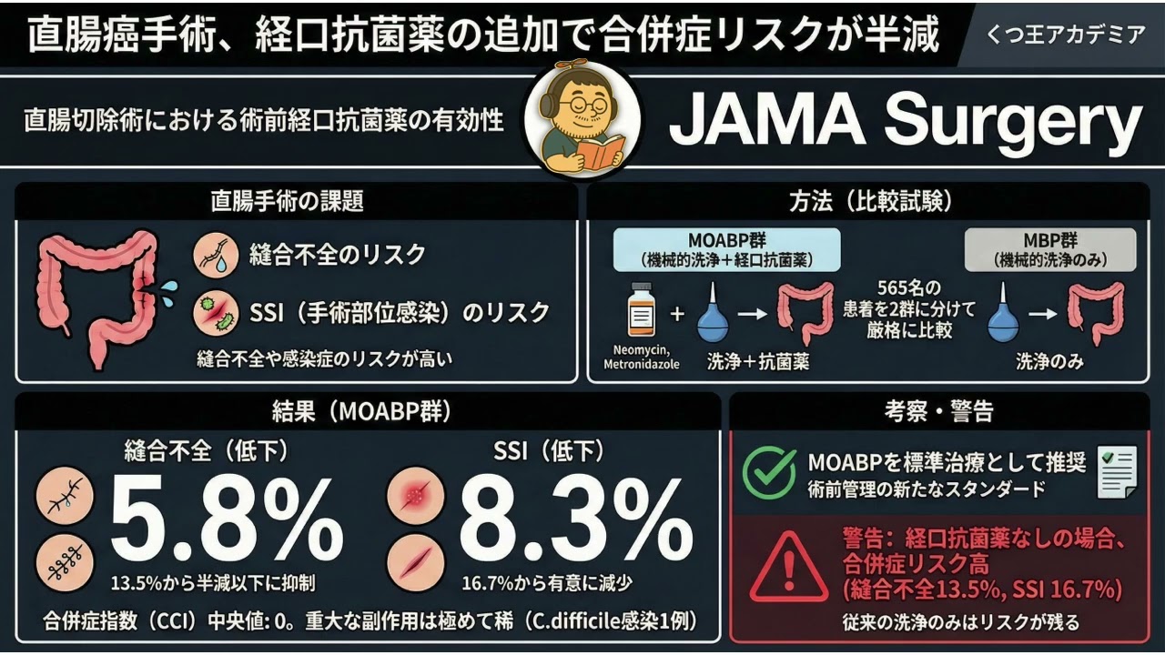 【医療者向け・音声のみ】待機的直腸切除術への経口抗菌薬の追加は、術後合併症と縫合不全を有意に減少させる：MOBILE2試験　JAMA Surgery