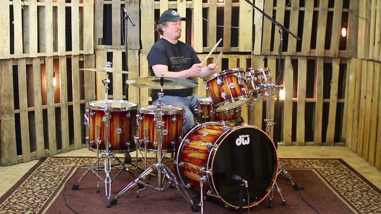 DW Collector's Special Tangerine Burst Over Candy Stripe Padouk Drum Set - 22,10,12,14,16,6.5x14
