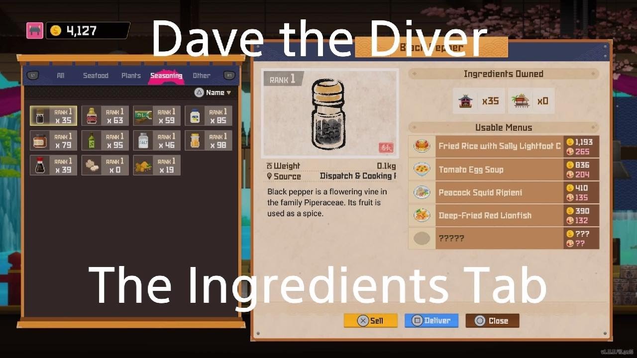 DAVE THE DIVER. The Ingredients Tab.