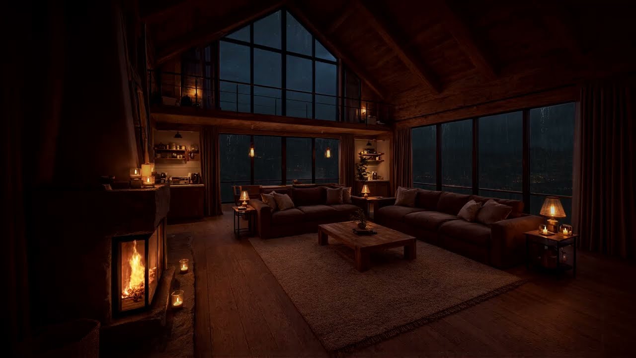 Rain & Thunderstorm Sounds in Cozy Living Room Cabin for Deep Sleep and Relaxation