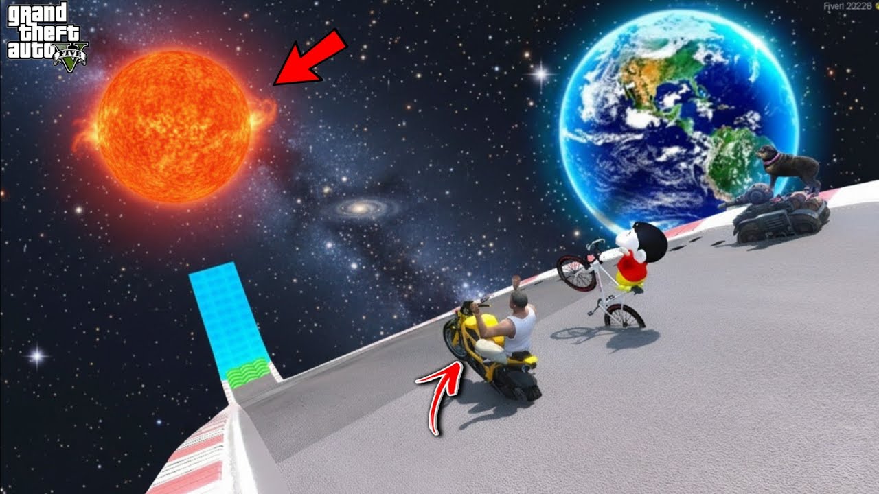 Franklin And Shinchan Jump From Earth To Space 😱 | Crazy Ramp Challenge In GTA V