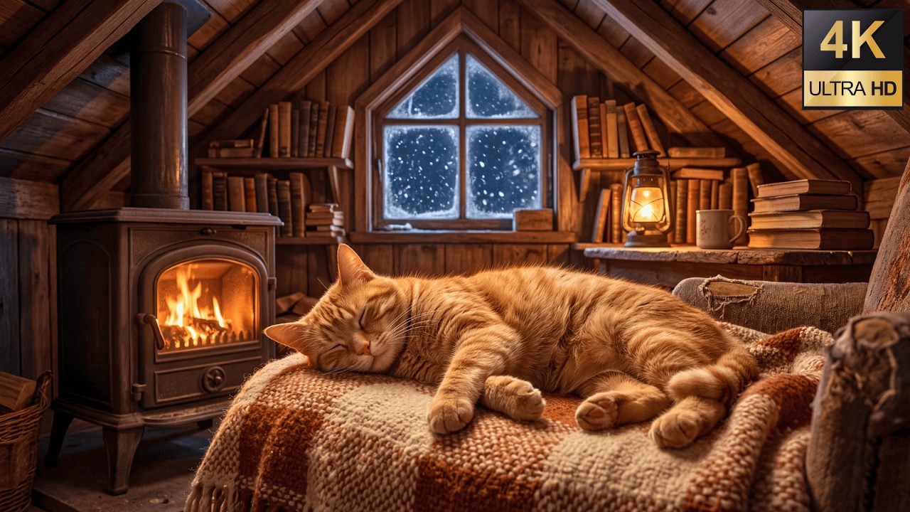 ❄️ Cozy Attic Cabin | Sleeping Ginger Cat by Fireplace - 4K ASMR No Music