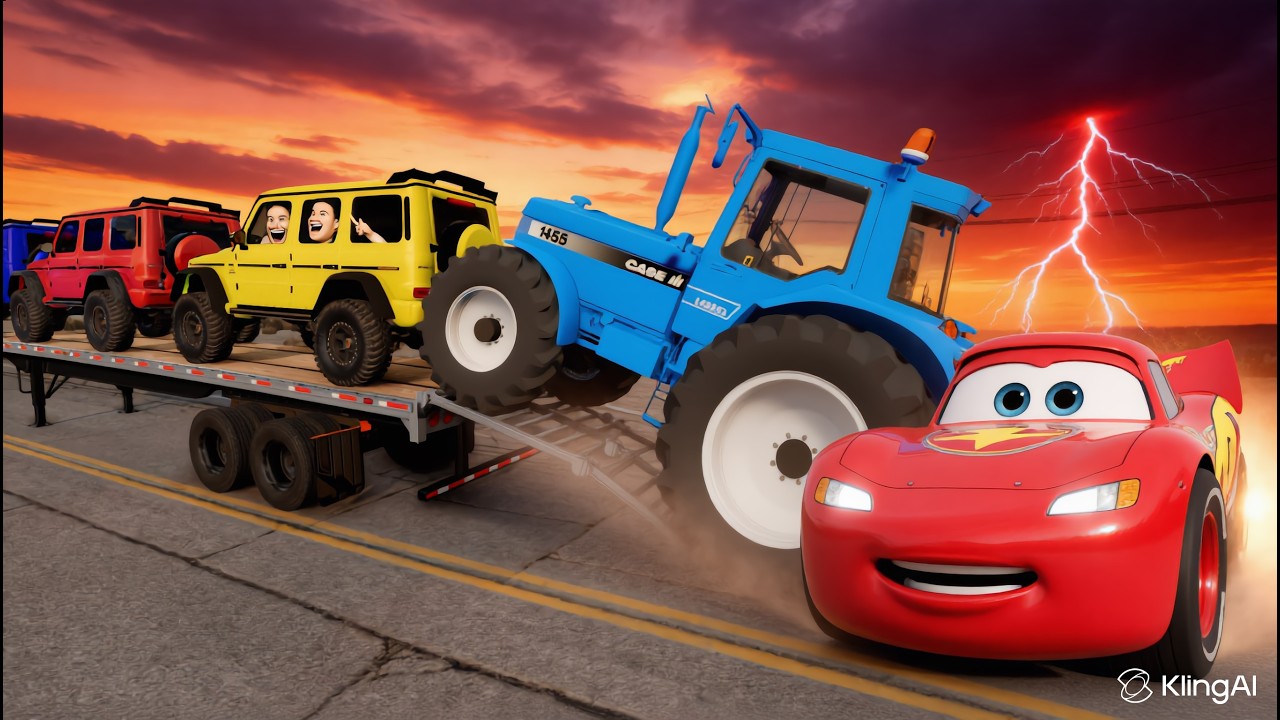 TRANSPORTING PIXAR CARS & FRUITS WITH COLORED & JOHN DEERE vs CLAAS vs TRACTORS - BeamNG.drive