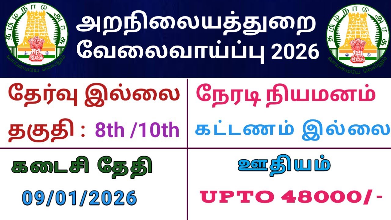 இந்து சமய அறநிலையத்துறையில் வேலைவாய்ப்பு 2026 | Government jobs tamil | TNHRCE