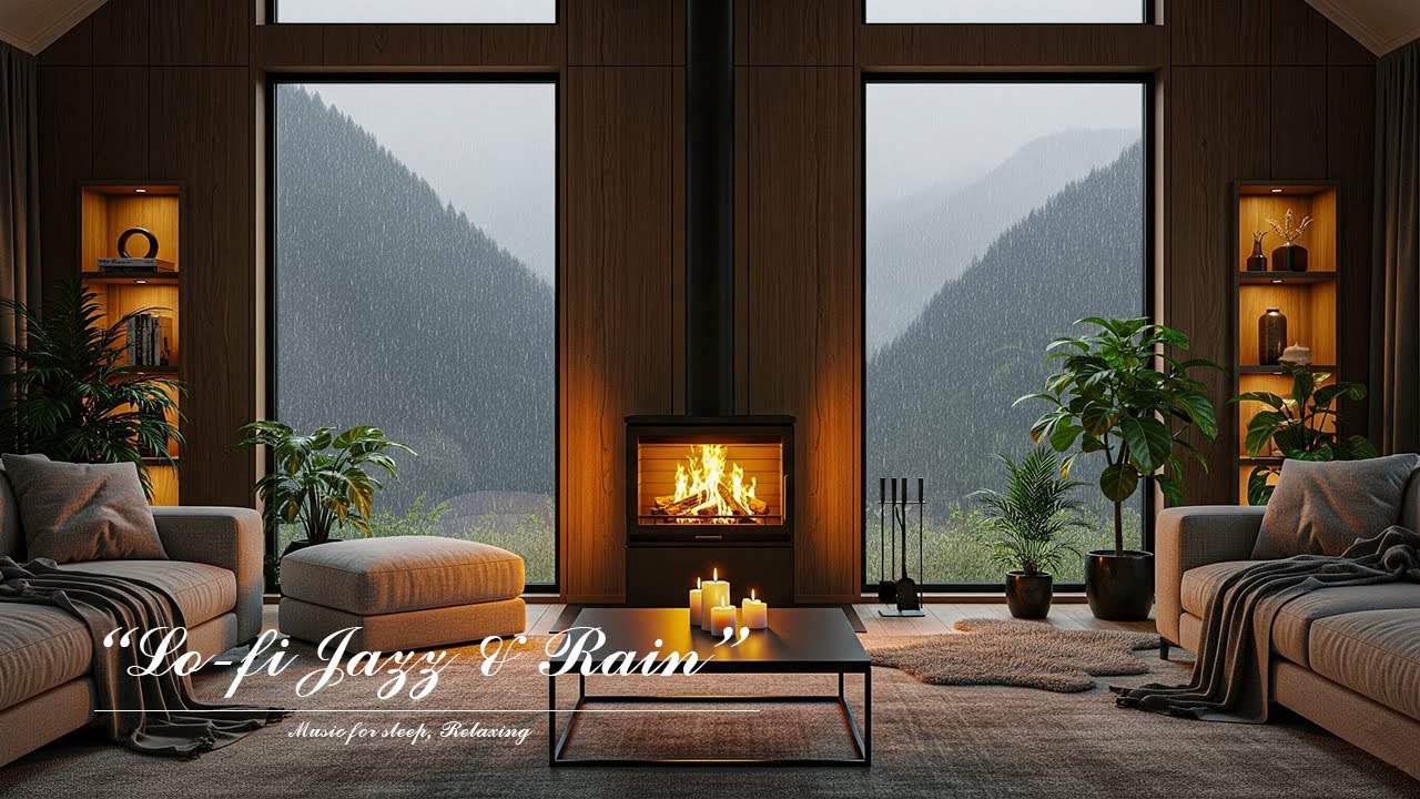 Lo fi Jazz & Rain Sounds  Peaceful Living Room with Mountain View