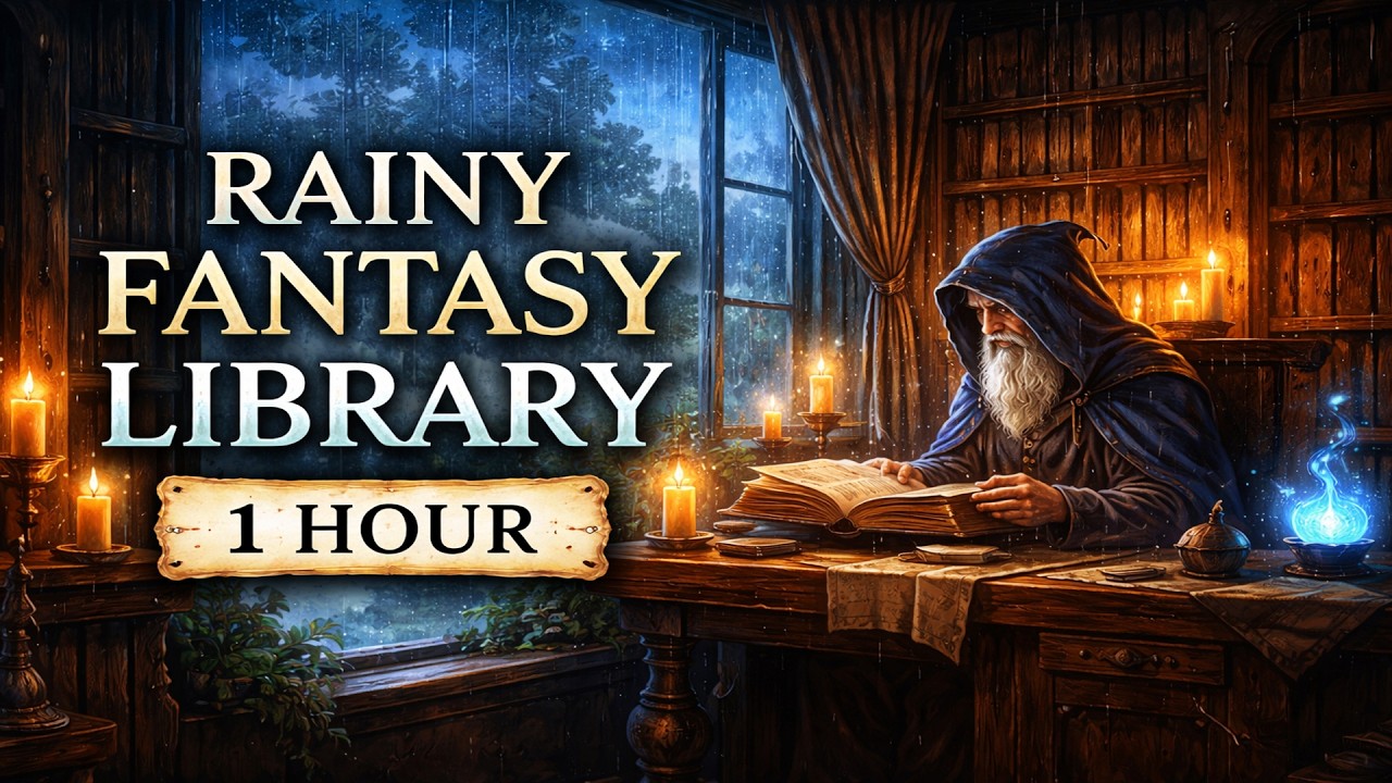 Rainy Fantasy Library 🌧️ Cozy Medieval Study Ambience for Focus, Relaxation & Sleep (1 Hour)