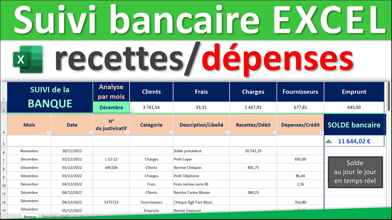 Suivi bancaire sur Excel des recettes et des dépenses