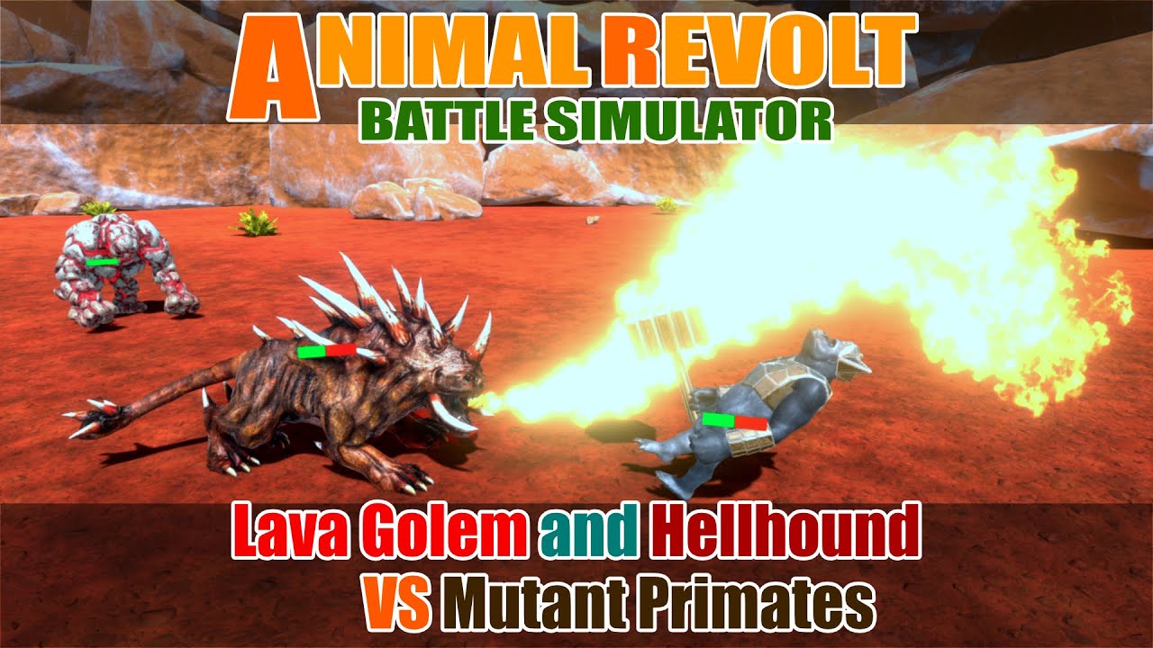 Lava Golem and Hellhound vs Mutant Primates - Animal Revolt Battle Simulator