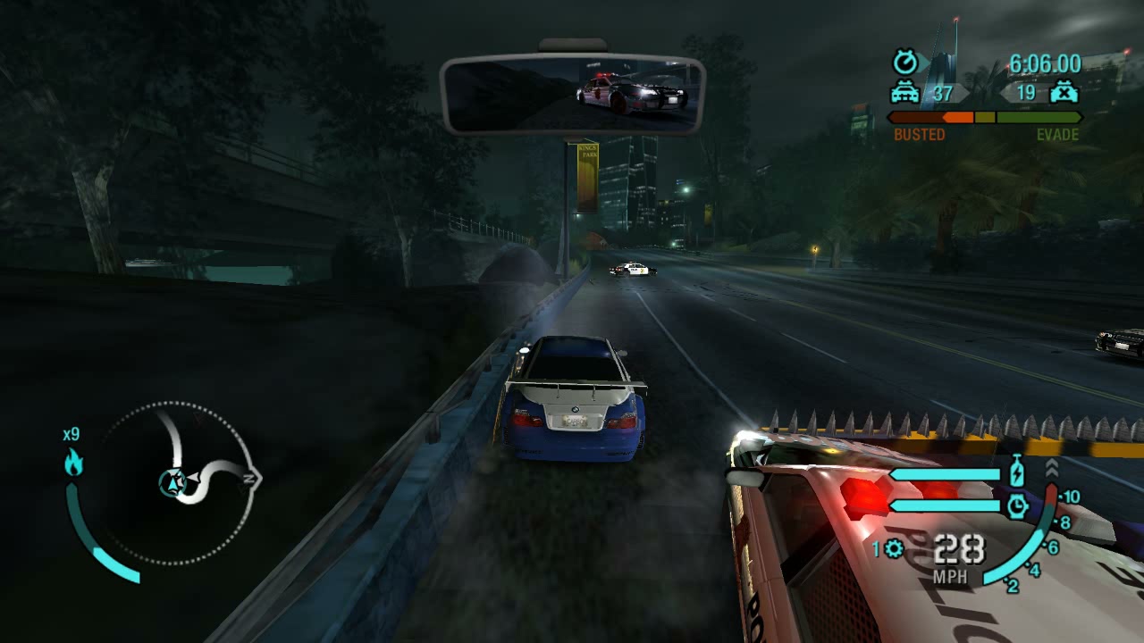 NFS Carbon Battle Royale Wrecks Roadblock, dodging spikes and Police Radio quotes 1