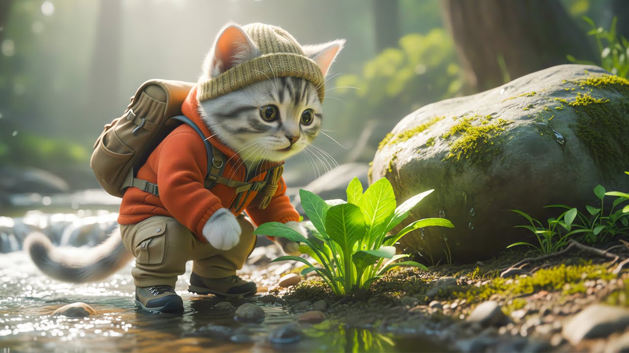 子猫タキが山へ冒険に出かけ、きのこを採って料理し、一晩過ごすとても可愛い物語 🐱⛰️🍄